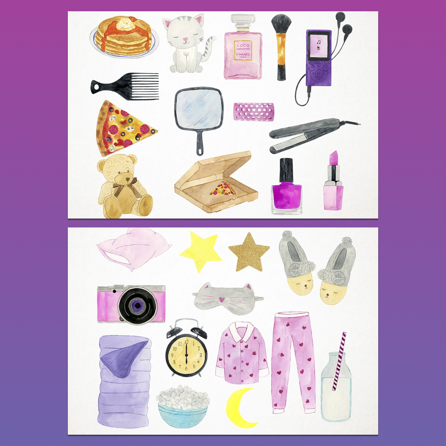 Prints of watercolor slumber party clipart.