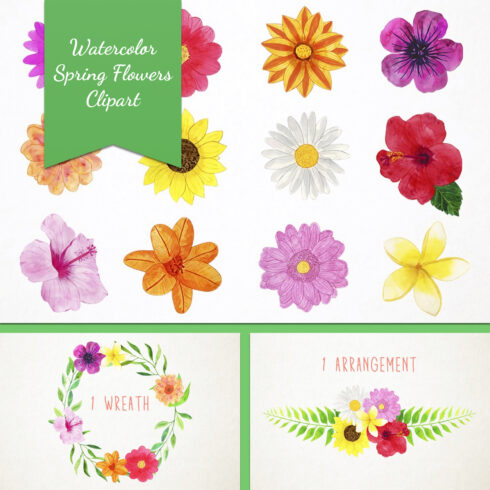 Watercolor spring flowers clipart.