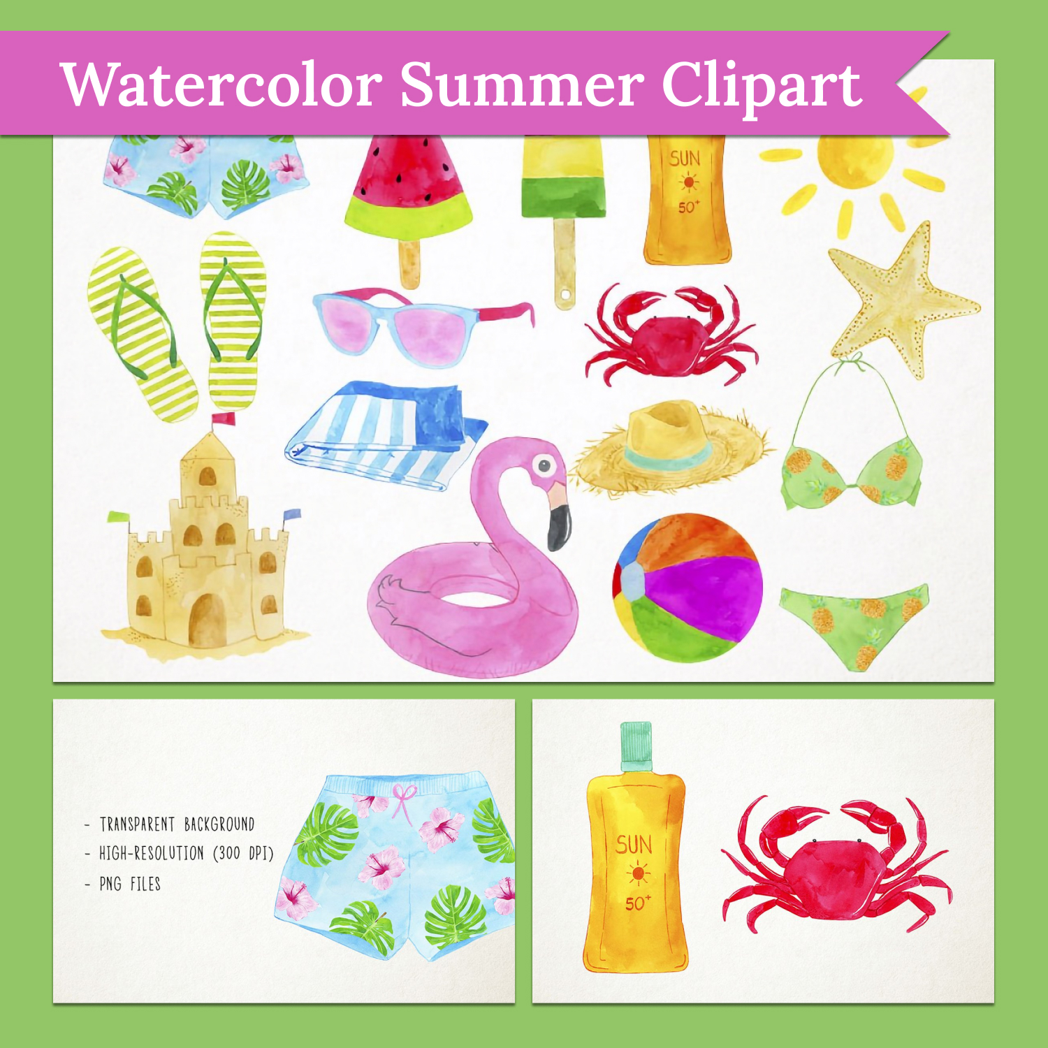 Watercolor summer clipart preview.