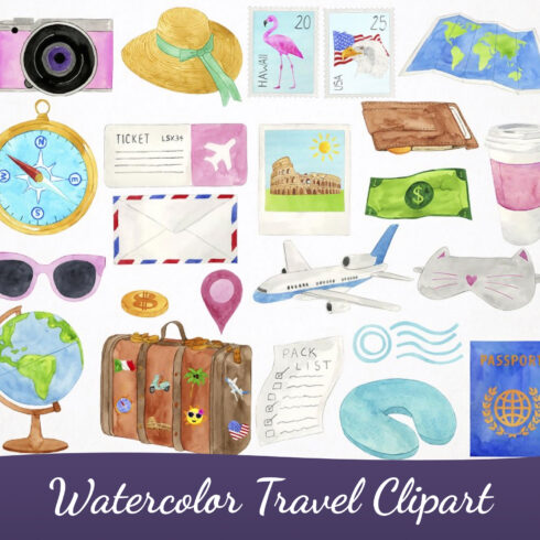 Watercolor travel clipart preview.