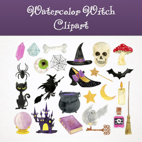 Watercolor witch clipart preview.