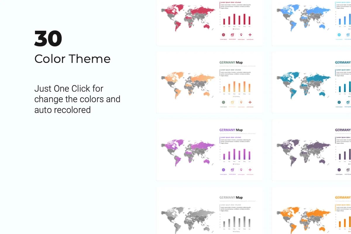world map powerpoint, 30 color themes.