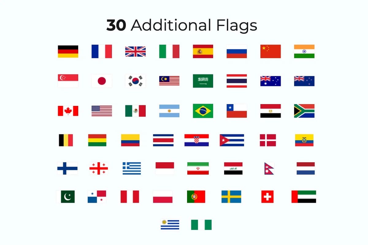 world map powerpoint, 30 additional flags.