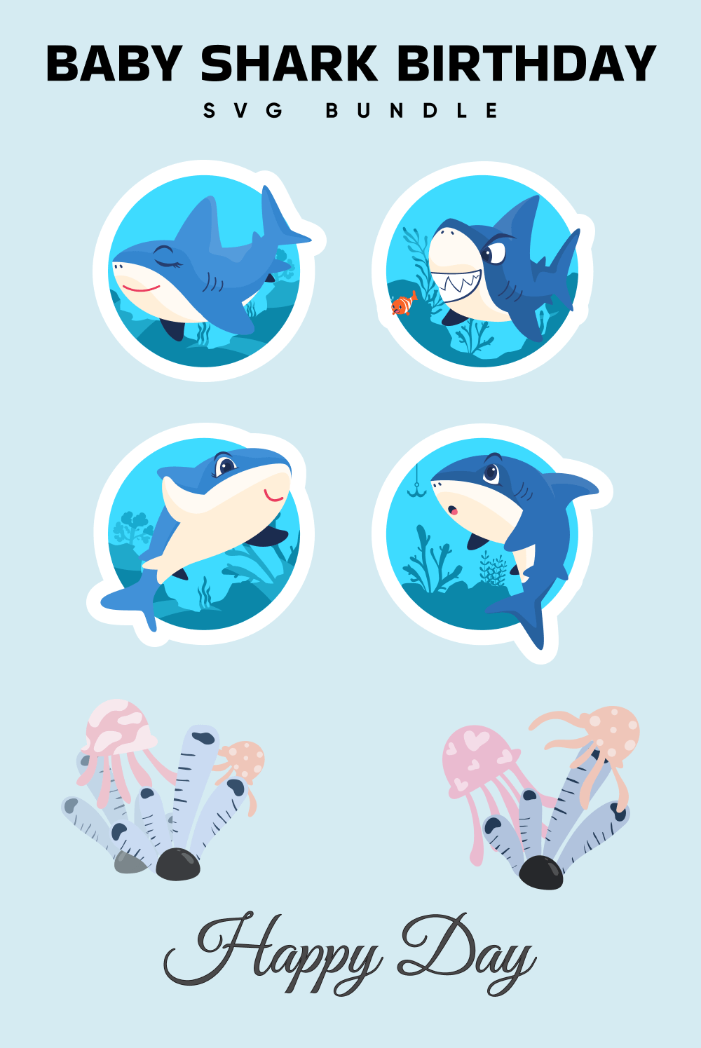 Collage of images of a cheerful blue shark in circles.