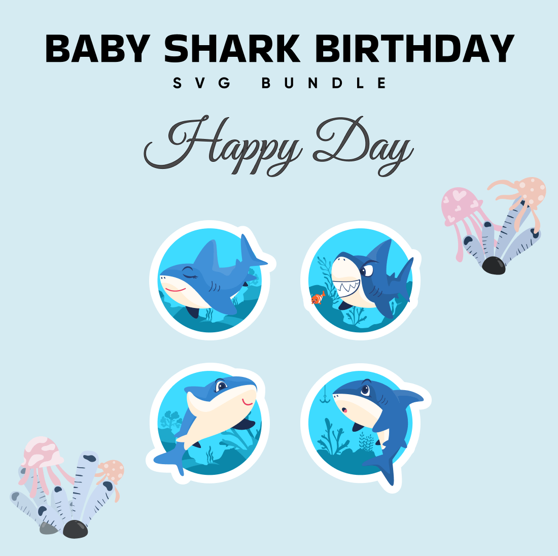 Baby shark birthday card with four stickers.