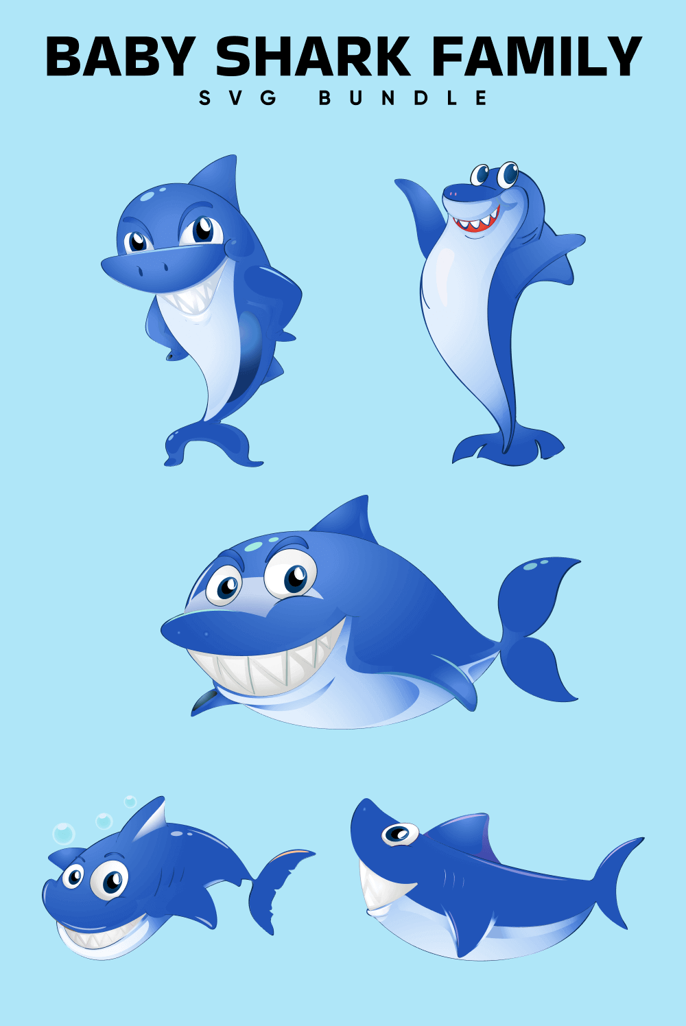 Collage of sharks in blue color with big smiles.