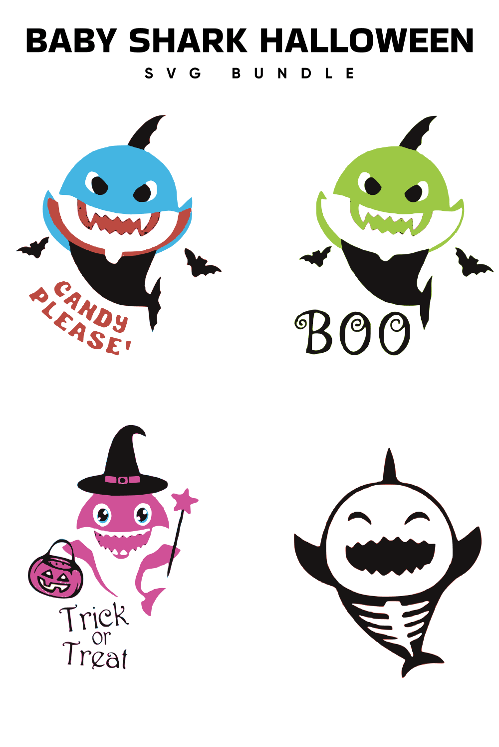 Blue, green, pink and black sharks festively dressed for Halloween.