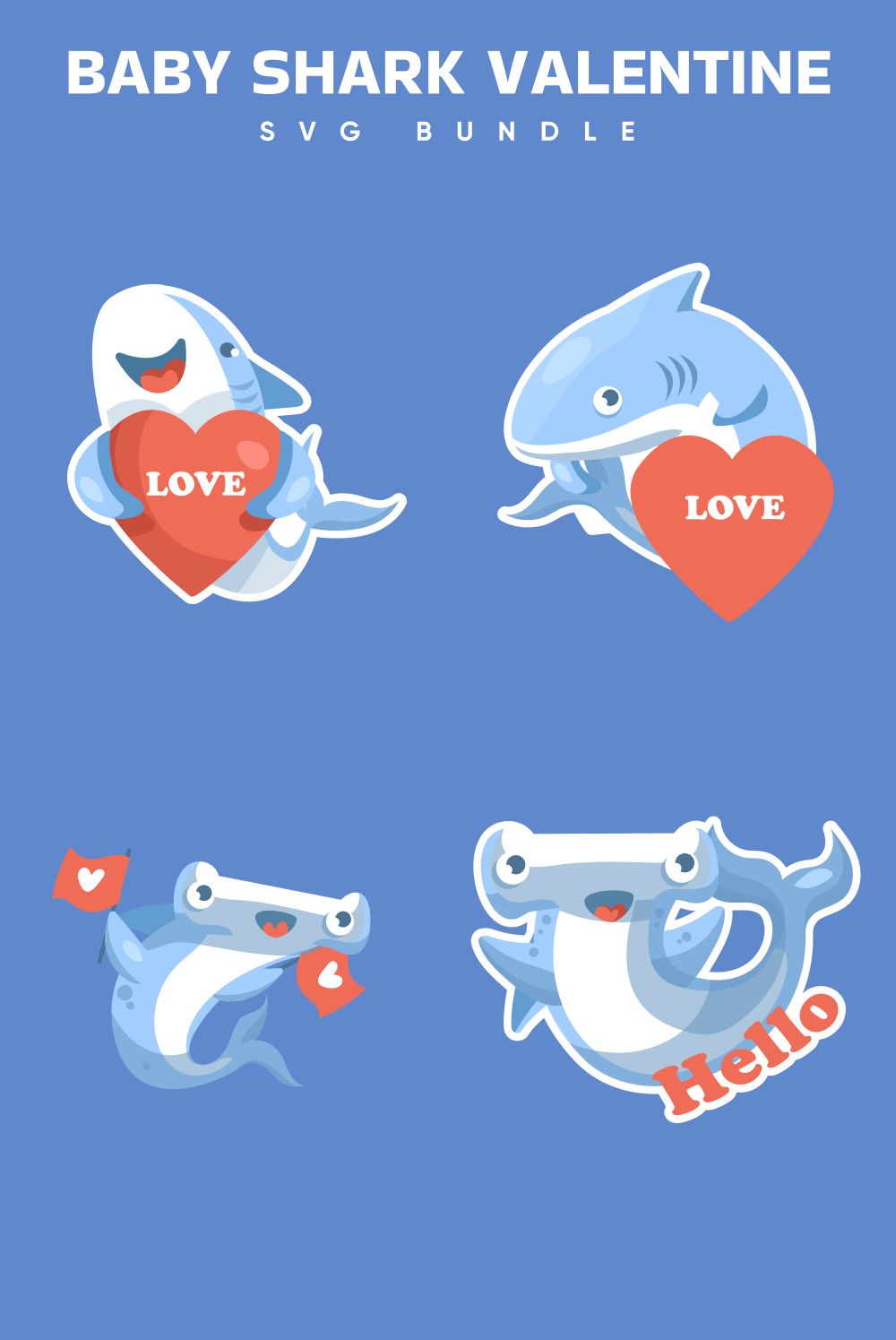 Cute white and hammerhead sharks with big red hearts in their fins.