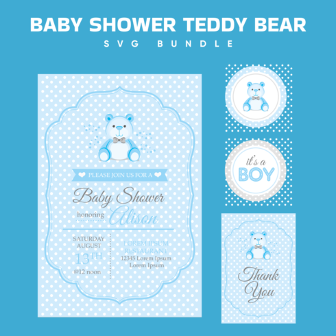 Baby shower teddy bear with polka dots on a blue background.