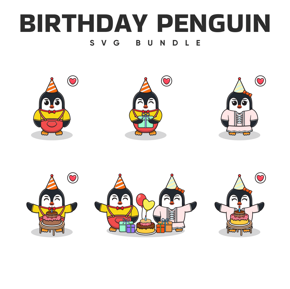 Bunch of cartoon penguins with birthday hats.