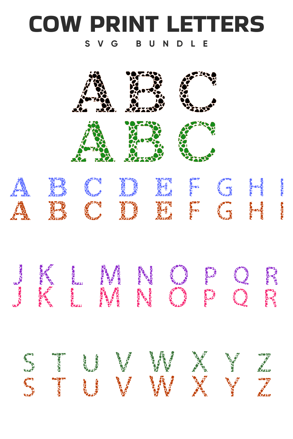 The alphabet is decorated with cow spots.