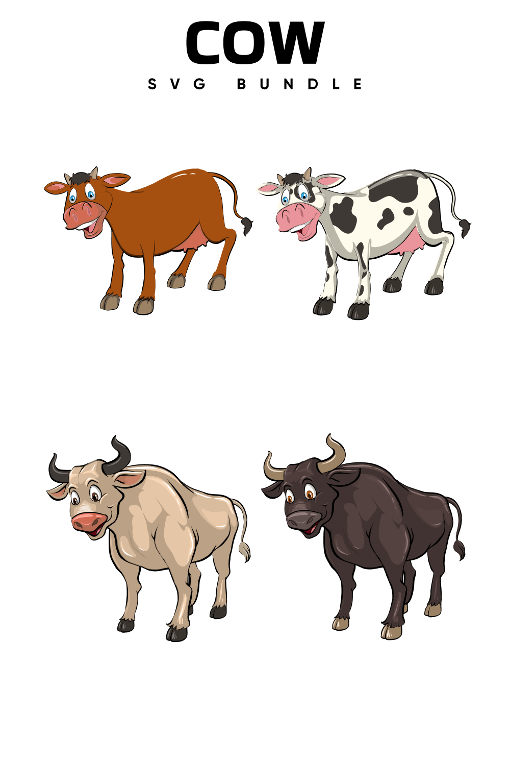 White and black bulls, and brown and white and black cows.