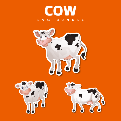Three stickers of a cow on an orange background.