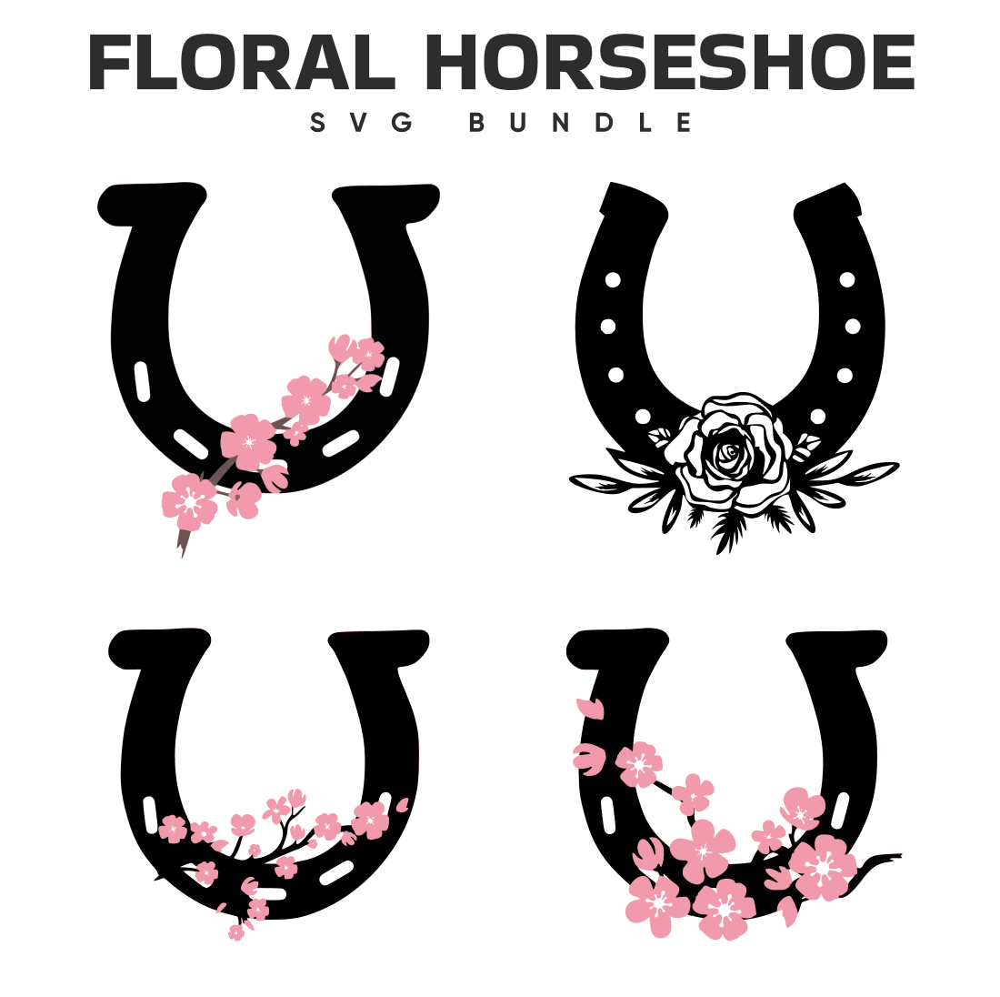 Set of four floral horseshoes with flowers on them.