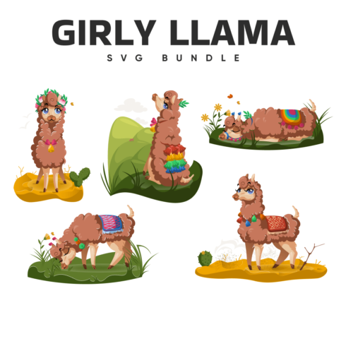Set of cartoon llamas in different poses.