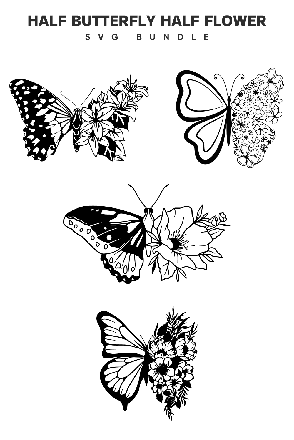 Black and white image of butterflies and flowers.