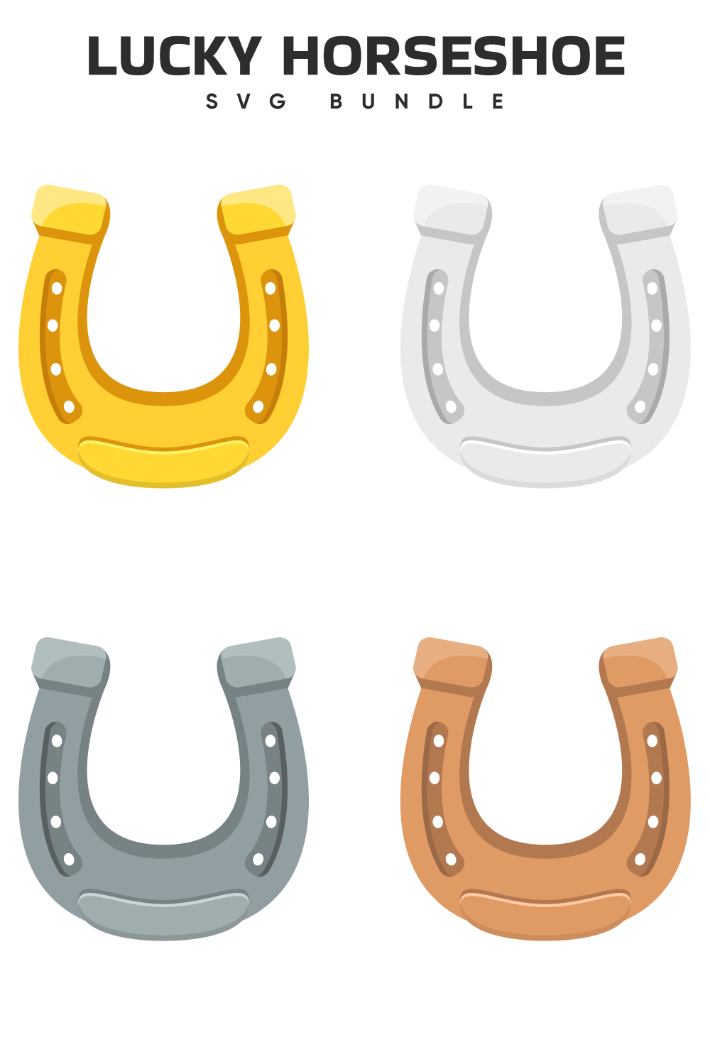 Set of four different colored horseshoes on a white background.