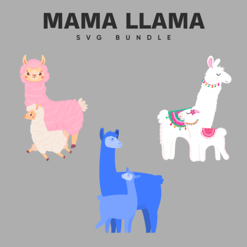 Three llamas and an alpaca on a gray background.