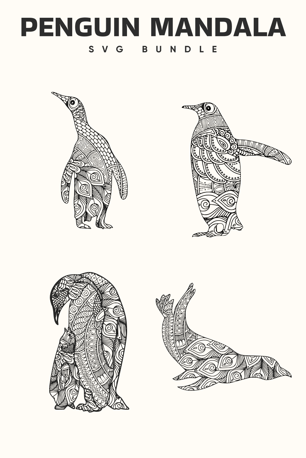 Black and white drawing of three penguins.