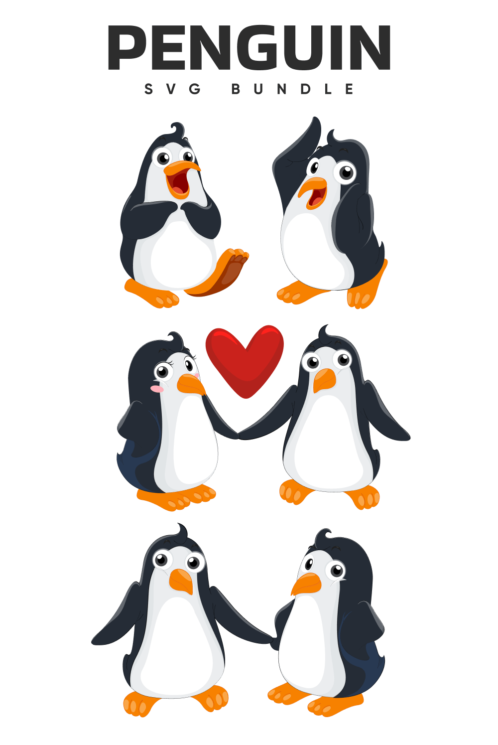 Penguin with a heart surrounded by penguins.