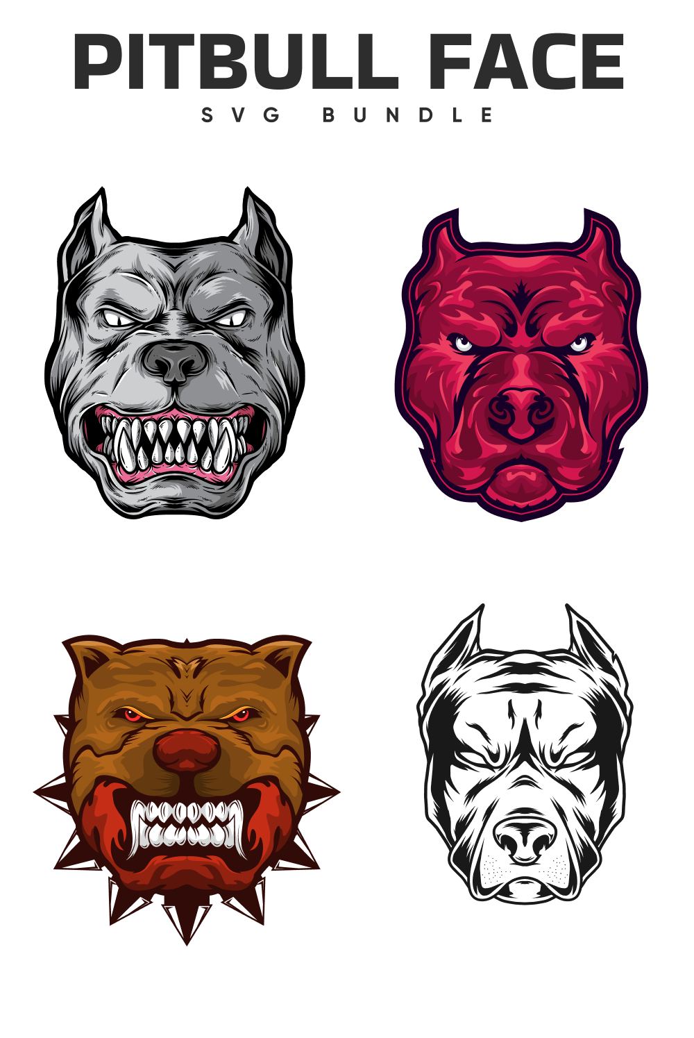 The pitbull face logo is shown in four different colors.