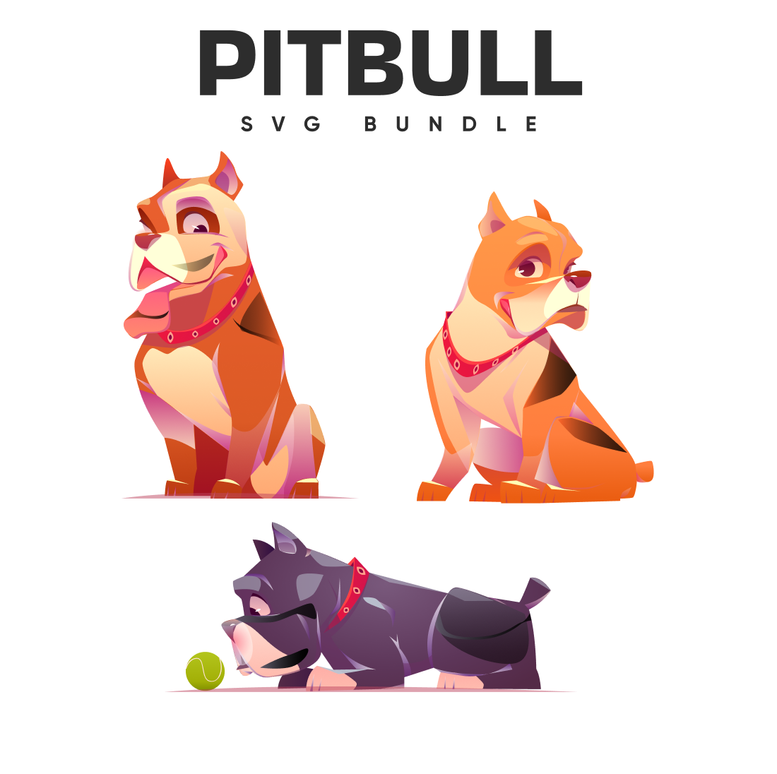 Set of three cartoon dogs with different poses.