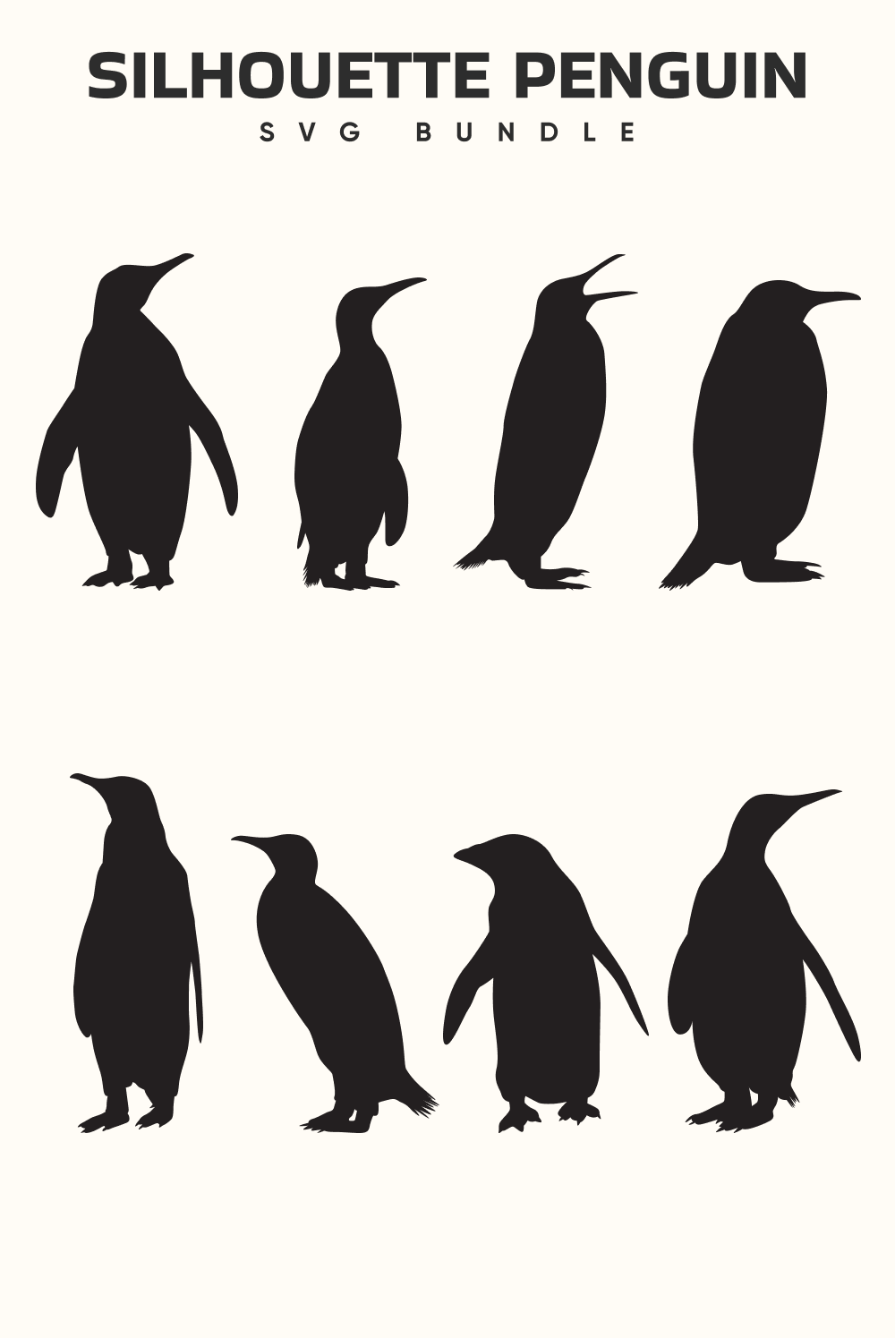 Silhouettes of penguins in different positions and sizes.