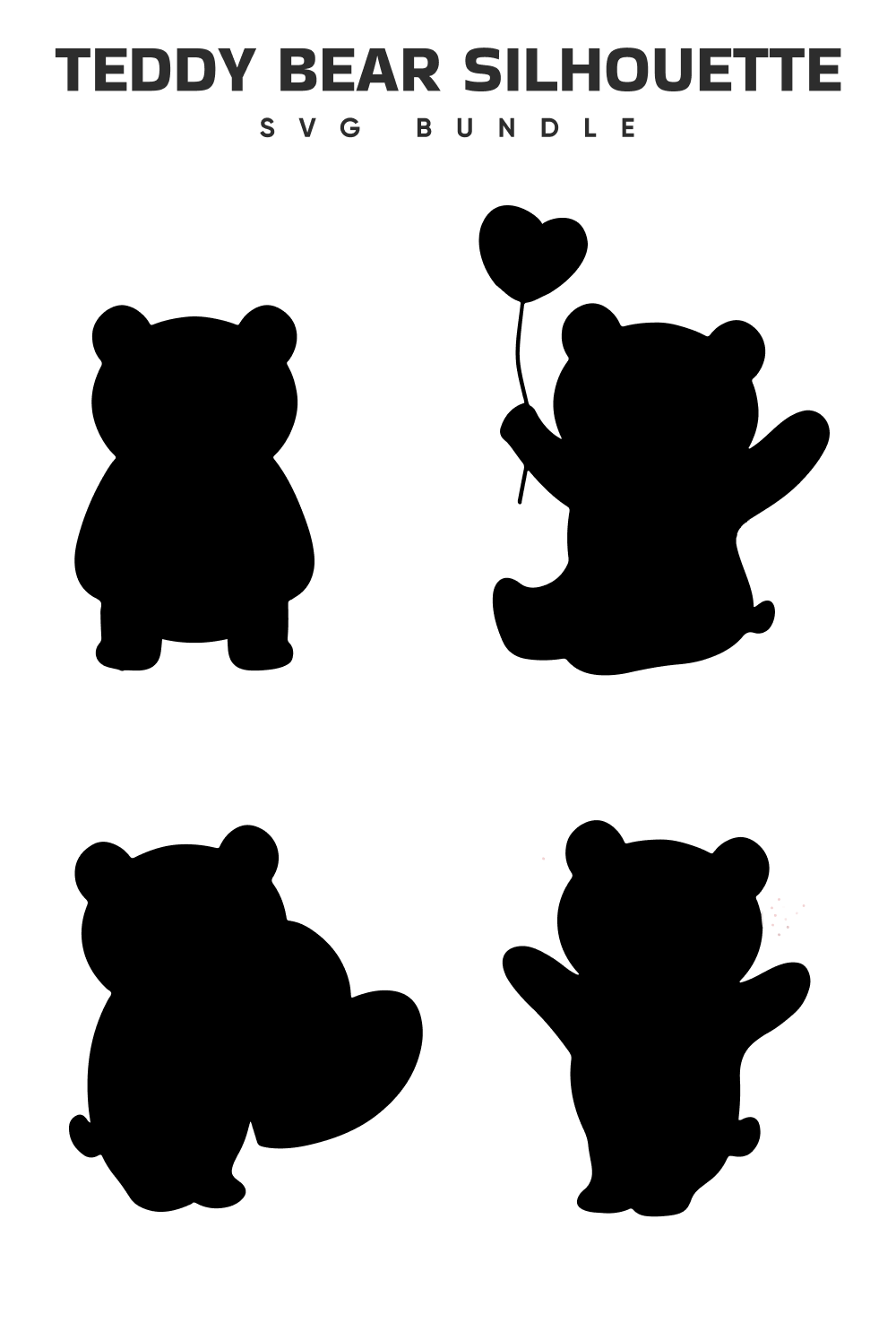 Teddy bear silhouettes with a heart balloon.