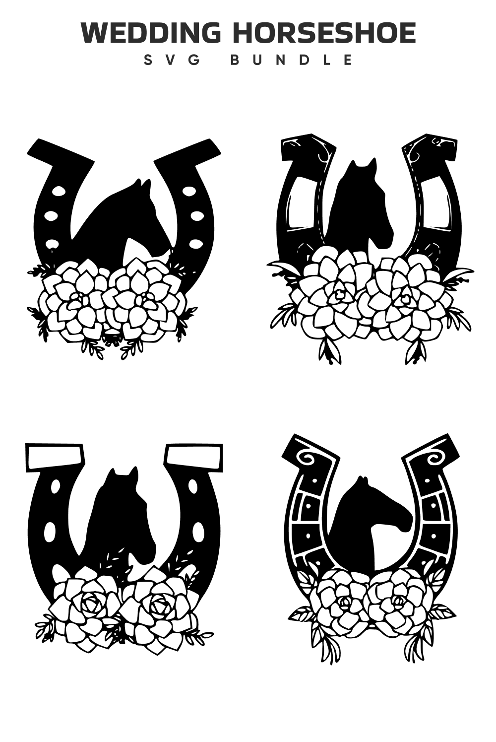 Set of four black and white horse emblems.