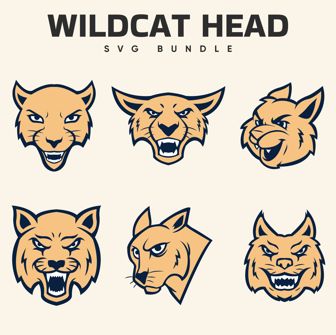 Set of wildcat heads with different expressions.