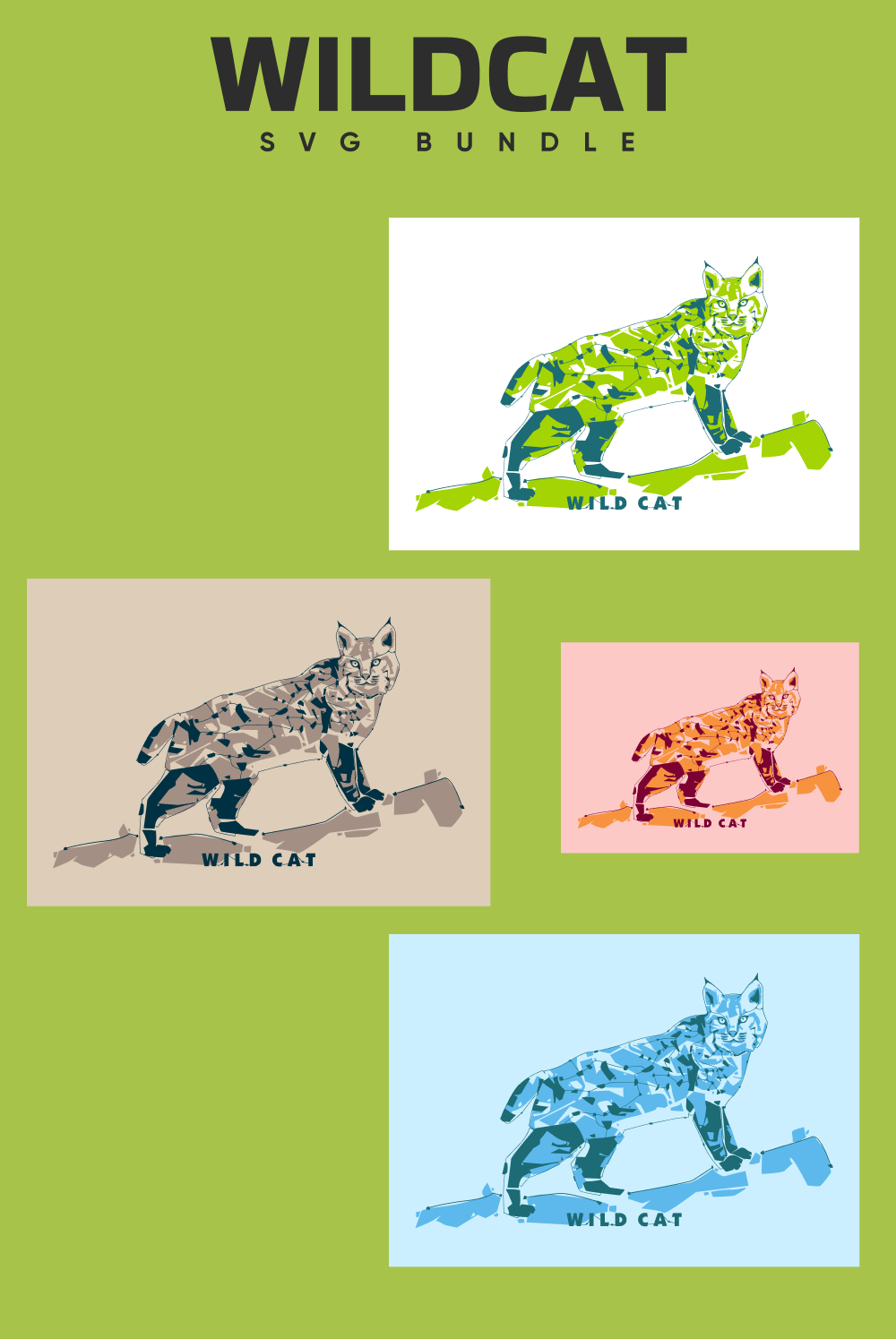 The wildcat svg bundle is shown in four different colors.
