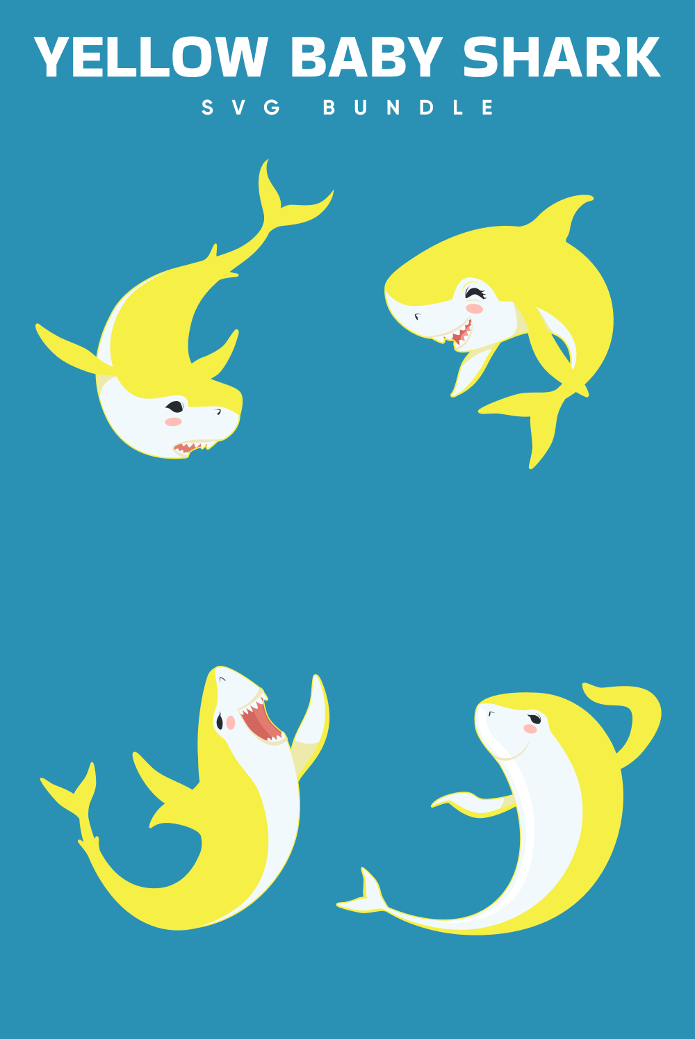 A yellow baby shark is laughing and having fun in the blue water.