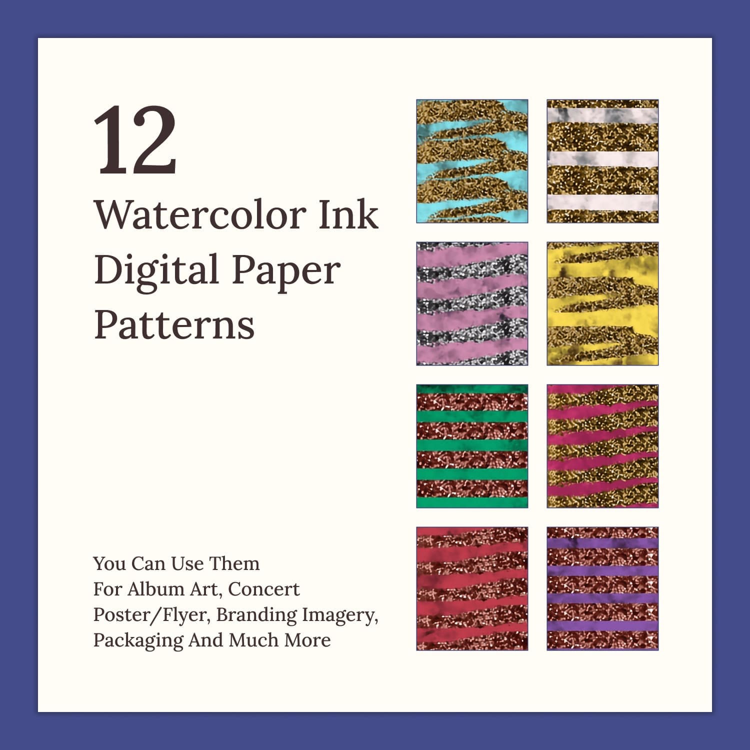 12 patterns with watercolors and sequins.