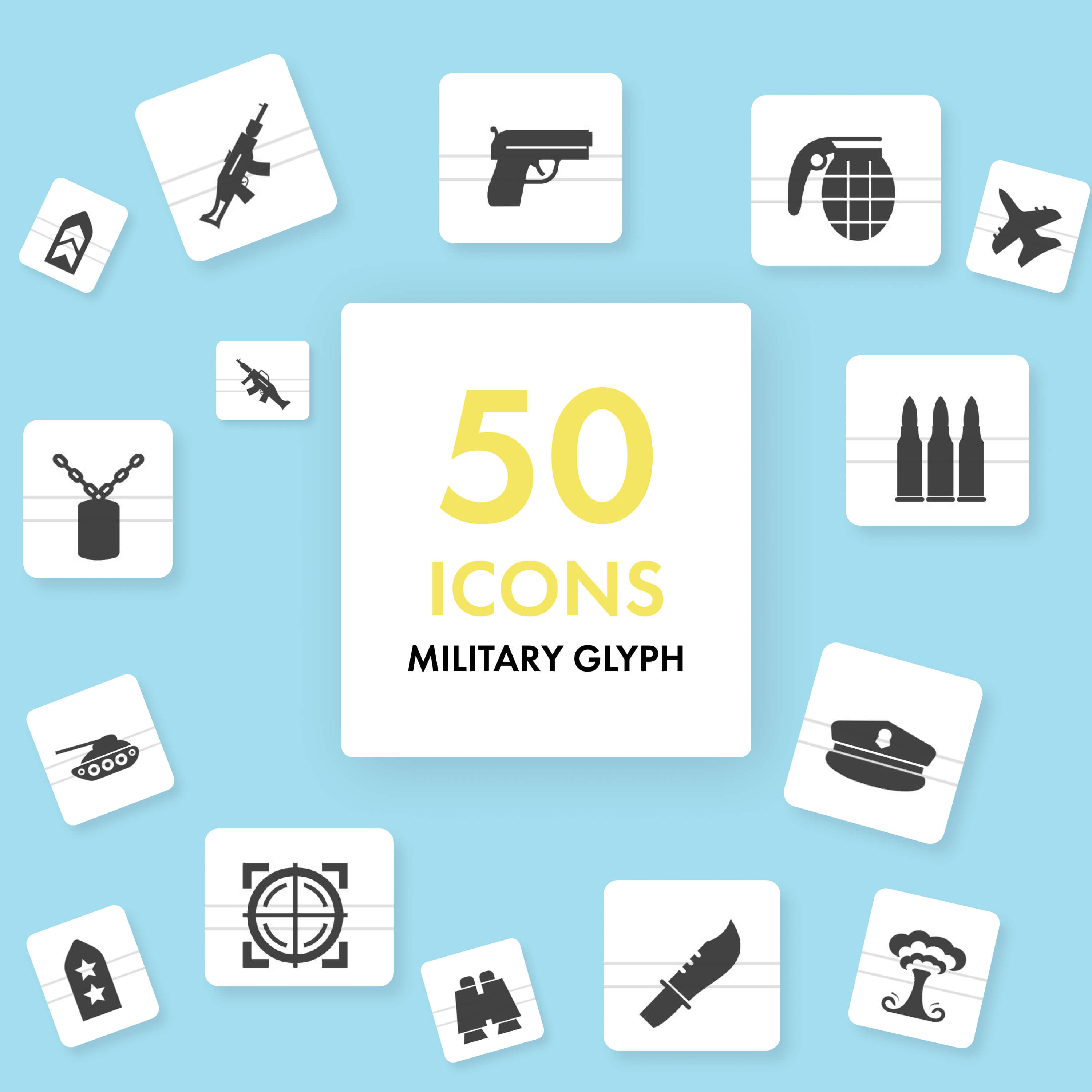 50 icons military glyph on the blue background.