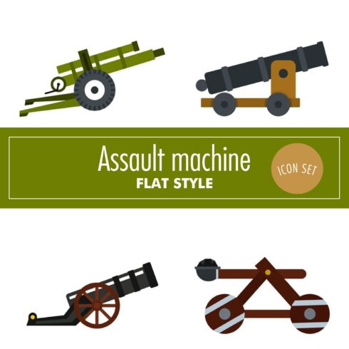 Assault Machine Icon Set, Flat Style.