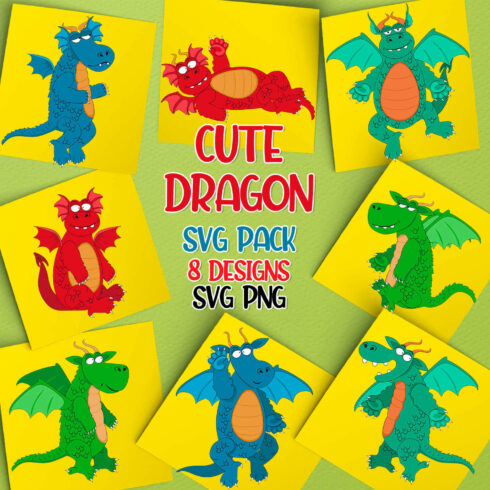 Colorful cartoon dragons are depicted on the yellow cards.