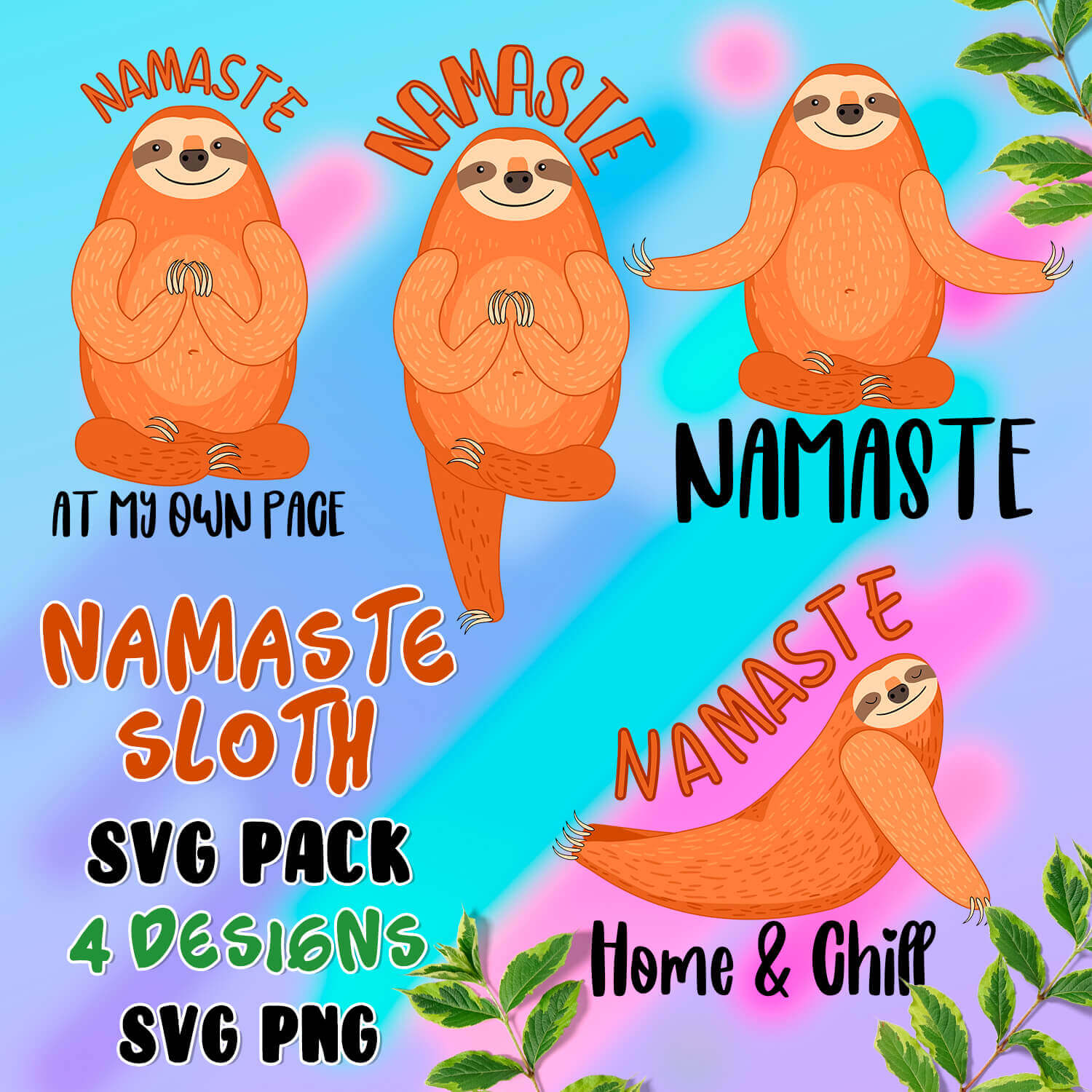 Set of three sloths with namaste.