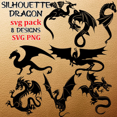 Group of black dragon silhouettes on a beige background.