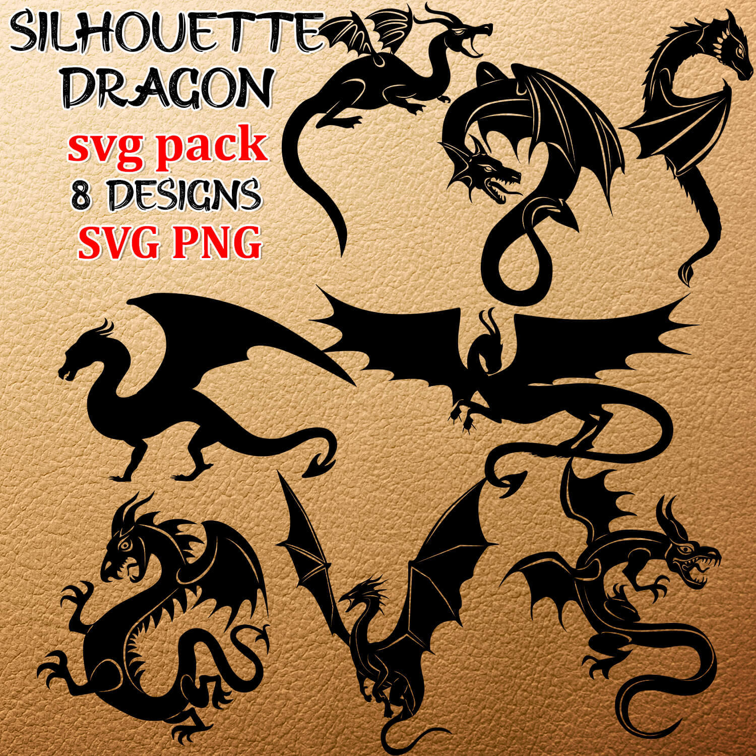 Black silhouettes of dragons with wings are depicted on light skin.