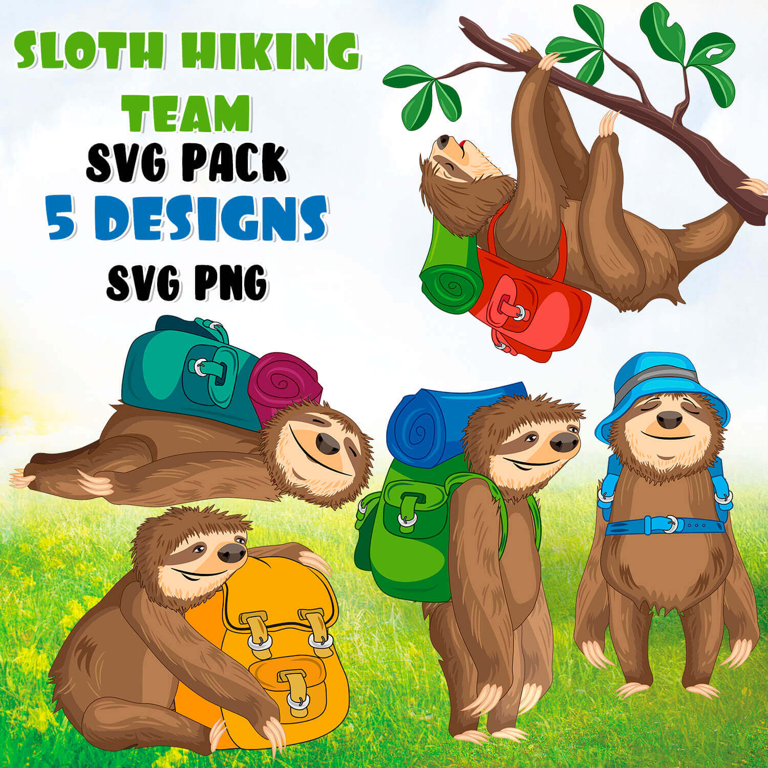 Sloth hiking team svg pack 5 designs.