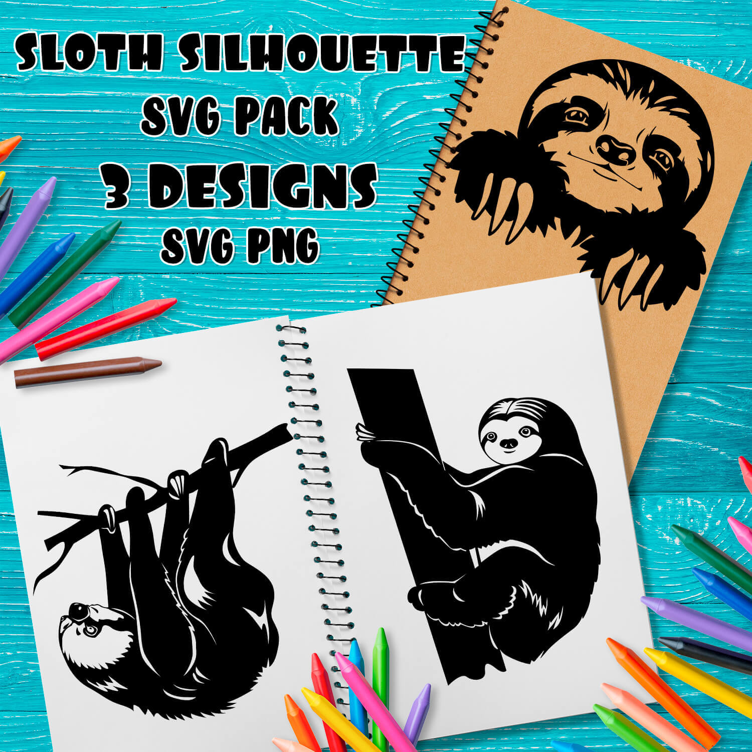 Notebook with a drawing of a sloth on it.