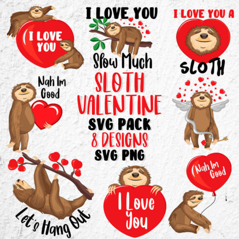 Image of sloths crawling on a branch with hearts.