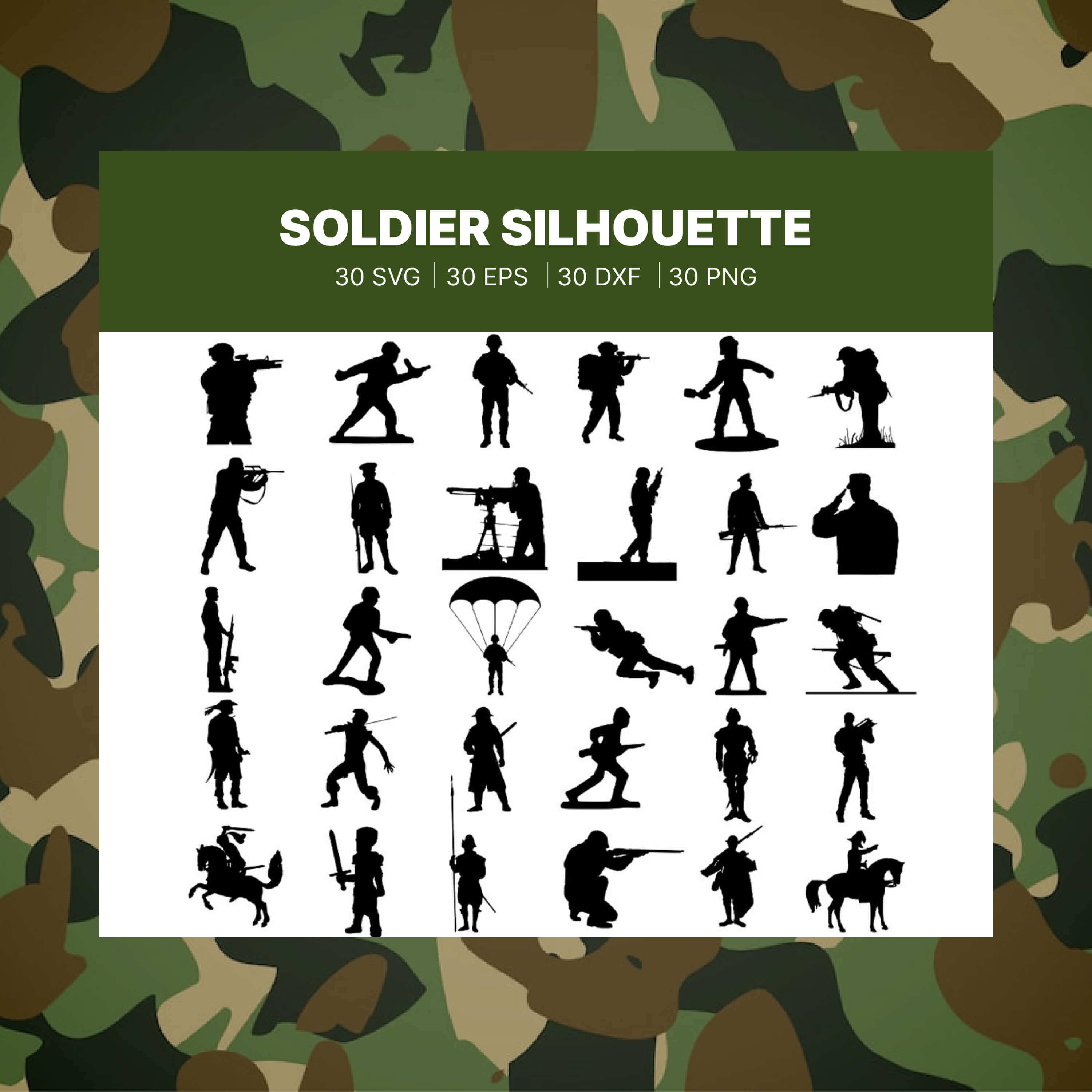 Silhouettes of soldiers on a green background.