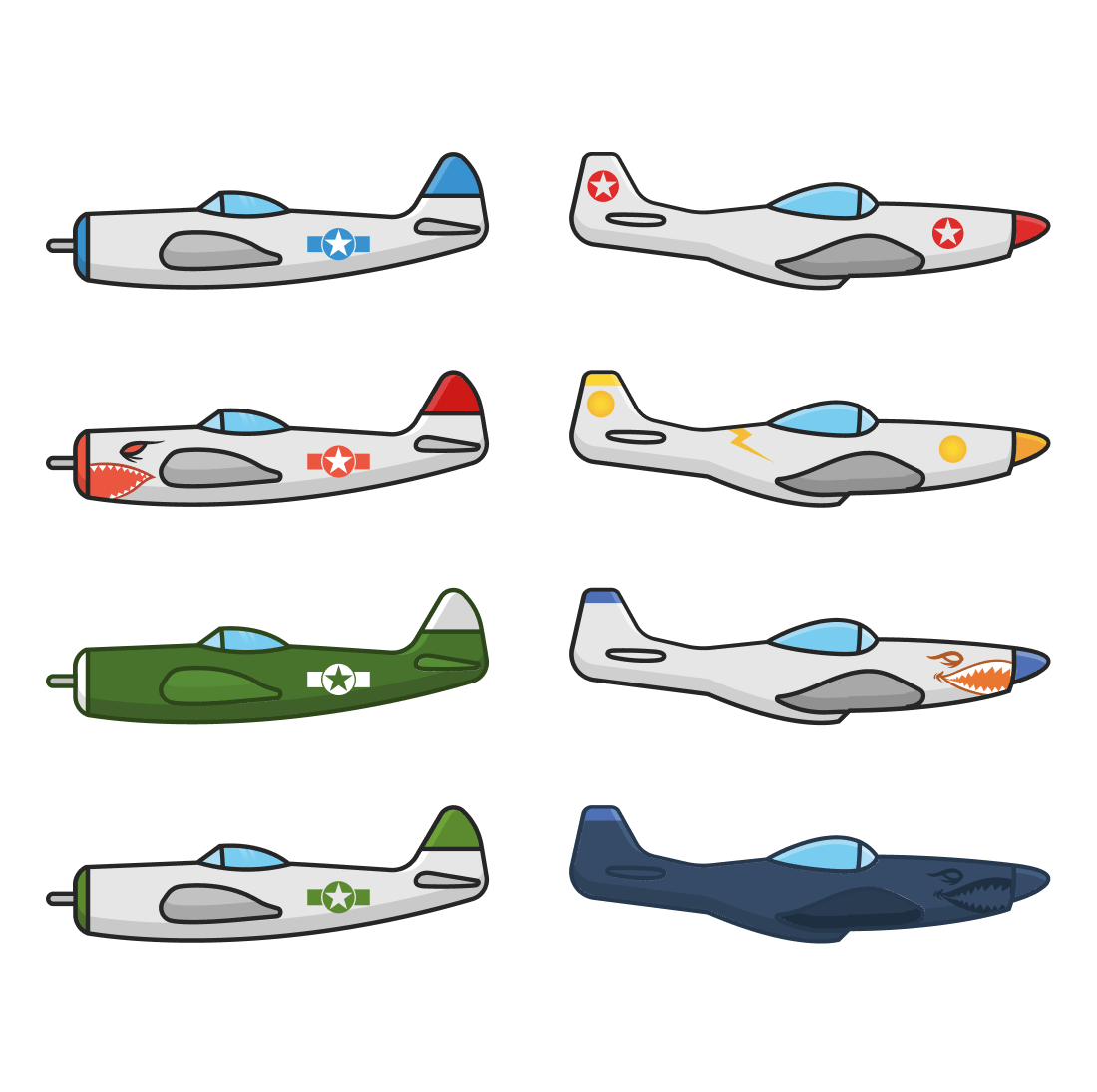 Colored military planes with pictures on them.