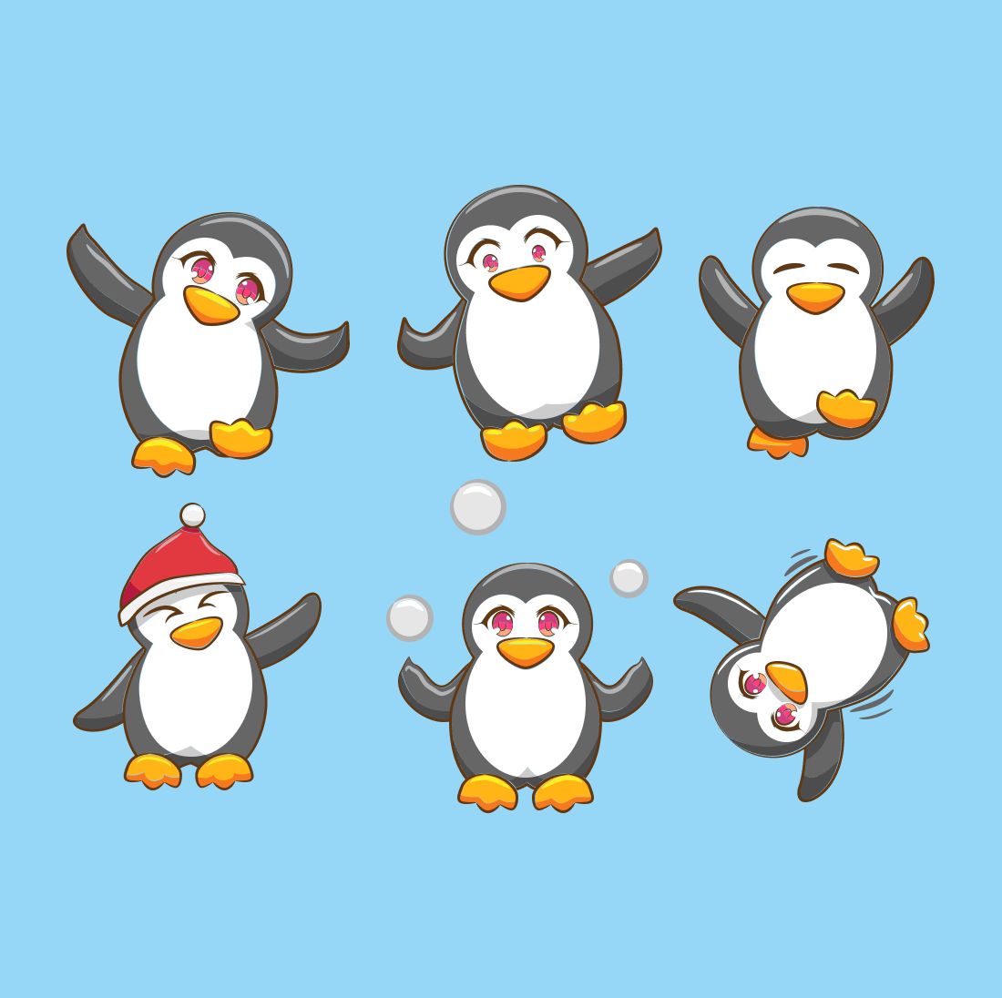 Set of penguins with different expressions on a blue background.