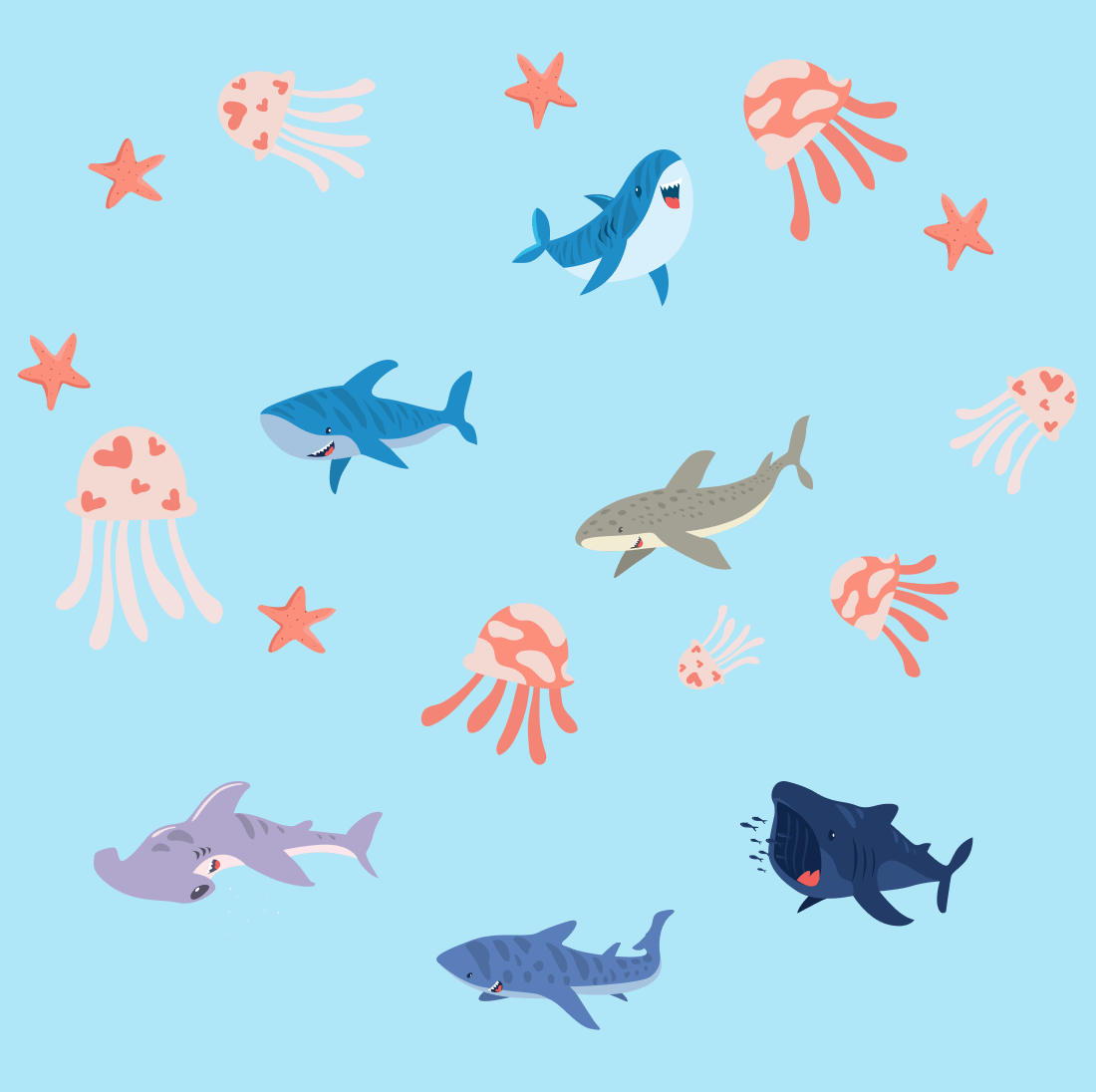 Starfish, jellyfish and other interesting fish came to the baby shark's birthday.