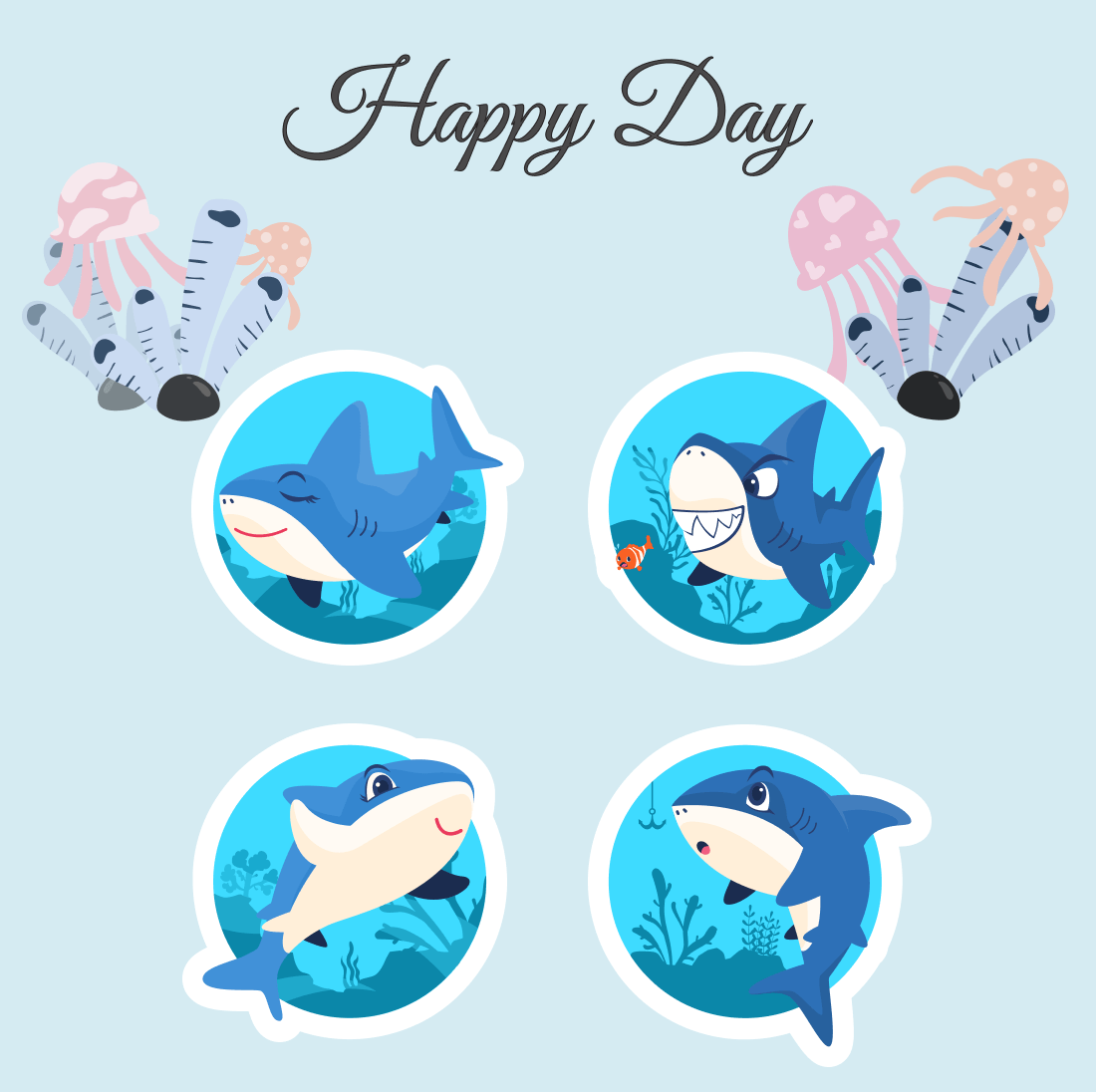 Set of four stickers with sharks and sea animals.