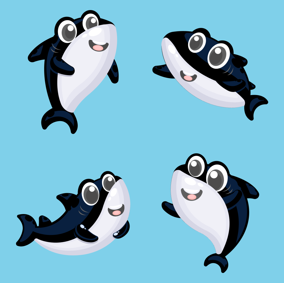 Group of cartoon black and white fish.