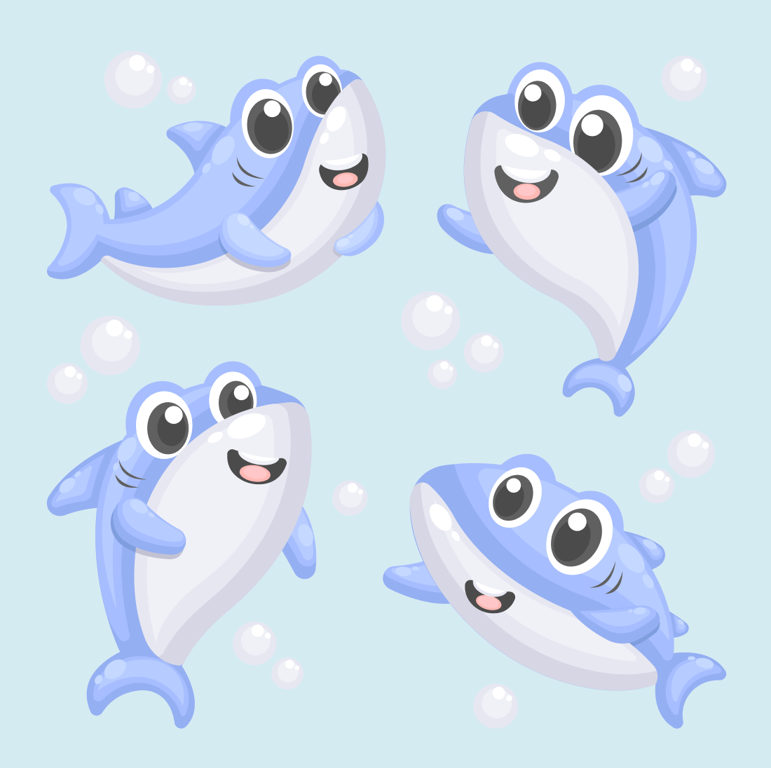 Set of four cartoon blue and white sharks.