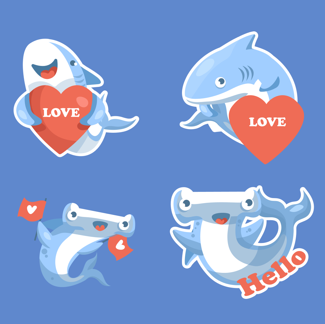 Set of four stickers with dolphins and hearts.